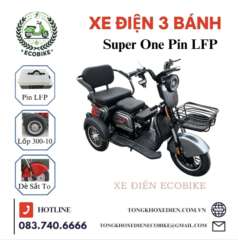 Xe Điện 3 Bánh Super One Chạy Pin Lithium 48V Màu Xám